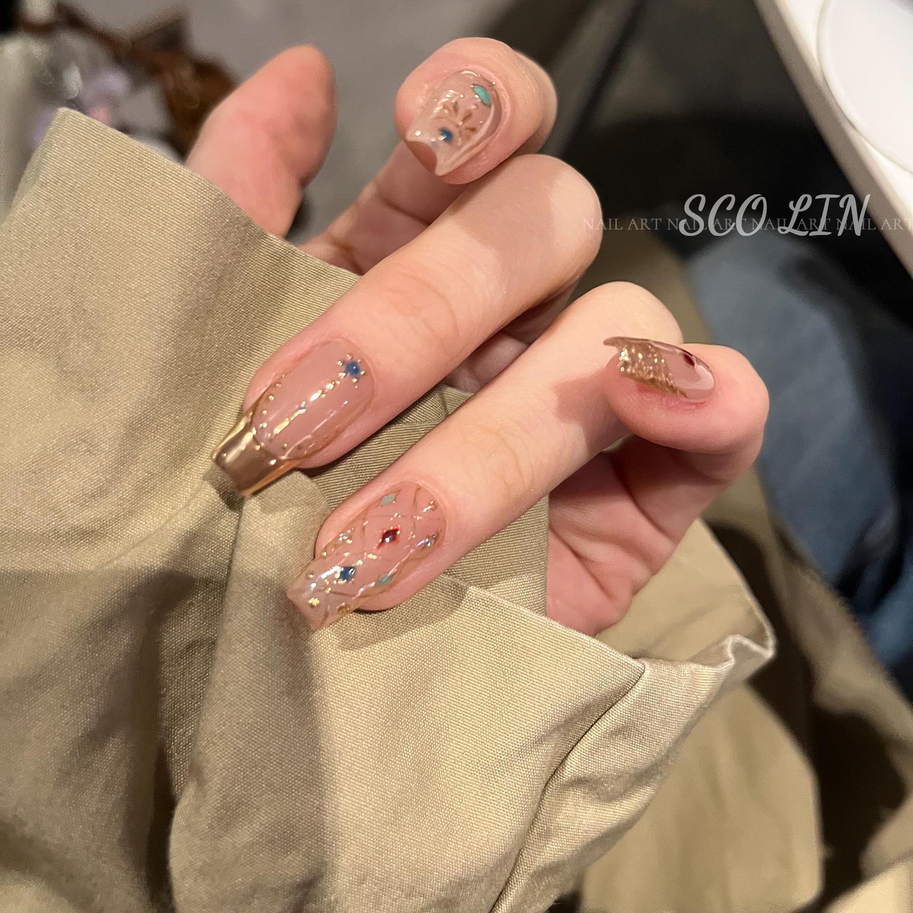 ScoLin【暮月】复古千金 手绘金边优雅 短短芭蕾手工定制穿戴甲