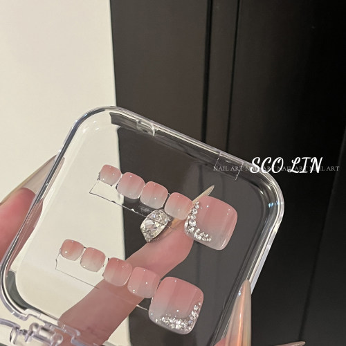 粉渐变拼钻气质手工脚短方穿戴甲