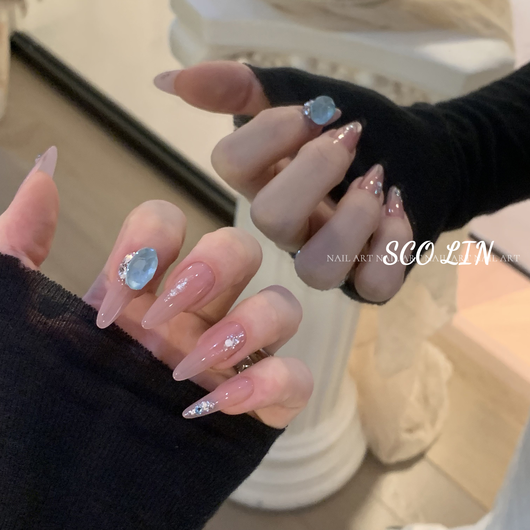 果烁蓝全华施华洛长尖圆穿戴甲