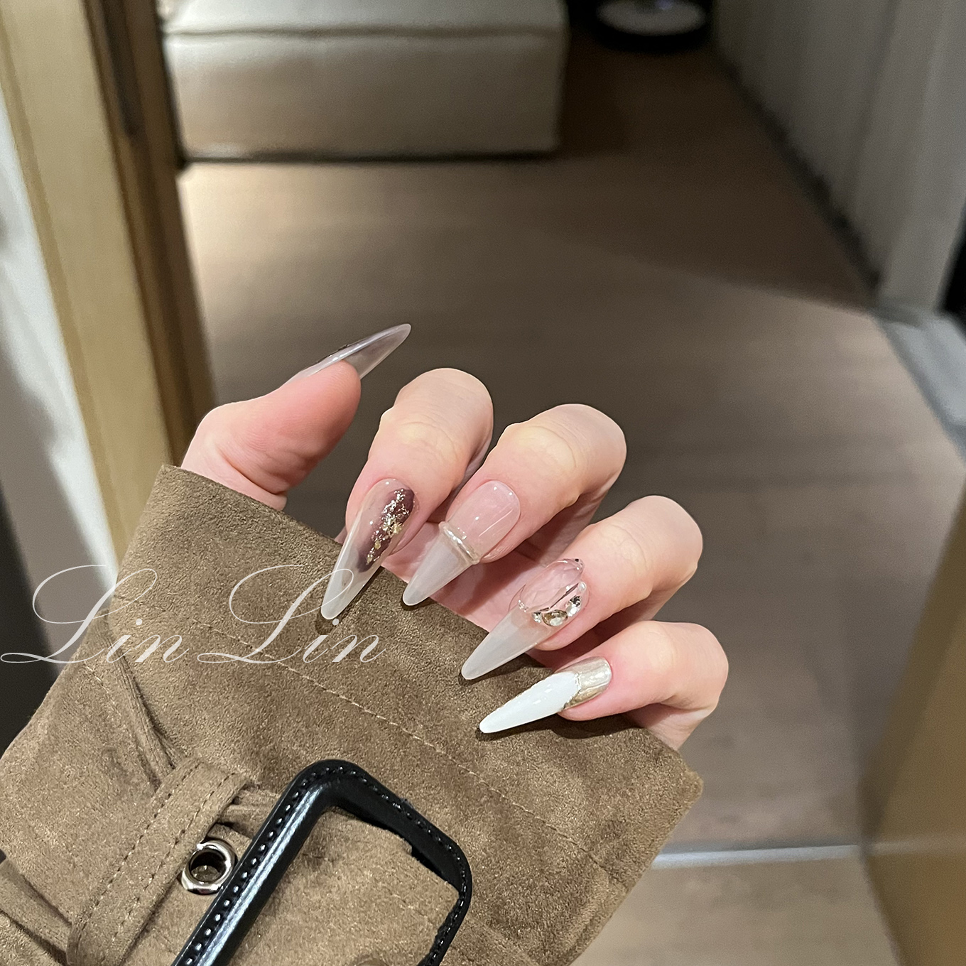 ScoLin【秋寂】手工定制穿戴甲 全华 初秋侘寂风晕染长水滴美甲