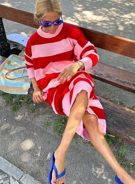 欧美亚马逊秋冬慵懒风毛衣长款加厚针织连衣裙套头圆领长袖女装女