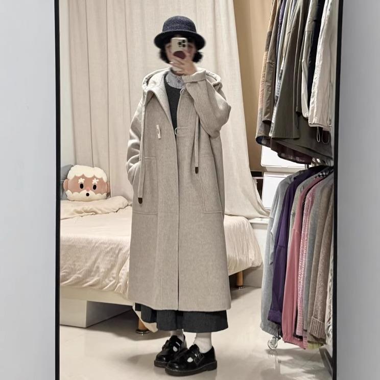 毛呢外套女中长款2025冬新款小个子加厚连帽高级感牛角扣呢子大衣