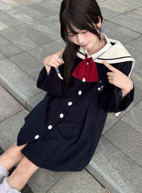 漓川jk毛呢外套学院可爱风女小个子秋冬绀色风衣翻领呢大衣