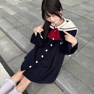 漓川jk毛呢外套学院可爱风女小个子秋冬绀色风衣翻领呢大衣