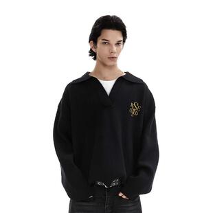 SAME OLD男女同款重磅假两件V领衫刺绣针织宽松休闲翻领毛衣套头