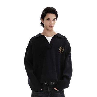 SAME OLD男女同款重磅假两件V领衫刺绣针织宽松休闲翻领毛衣套头