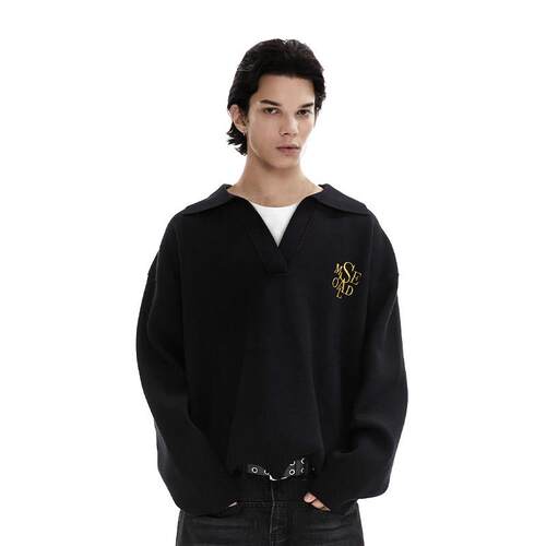 SAME OLD男女同款重磅假两件V领衫刺绣针织宽松休闲翻领毛衣套头