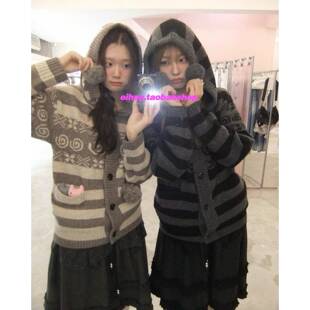 eihey诶嘿25秋季新款日系条纹连帽针织衫毛衣纽扣开衫休闲外套女