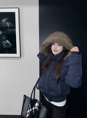 aassss 菲奥娜 三星90安心绒 藏青加厚羽绒服外套女短款冬季毛领