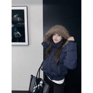 aassss 菲奥娜 三星90安心绒 藏青加厚羽绒服外套女短款冬季毛领