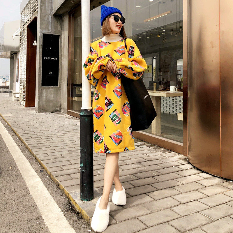 秋冬季新款印花卫衣女加绒中长上衣bf风韩版半高领打底裙女装外套