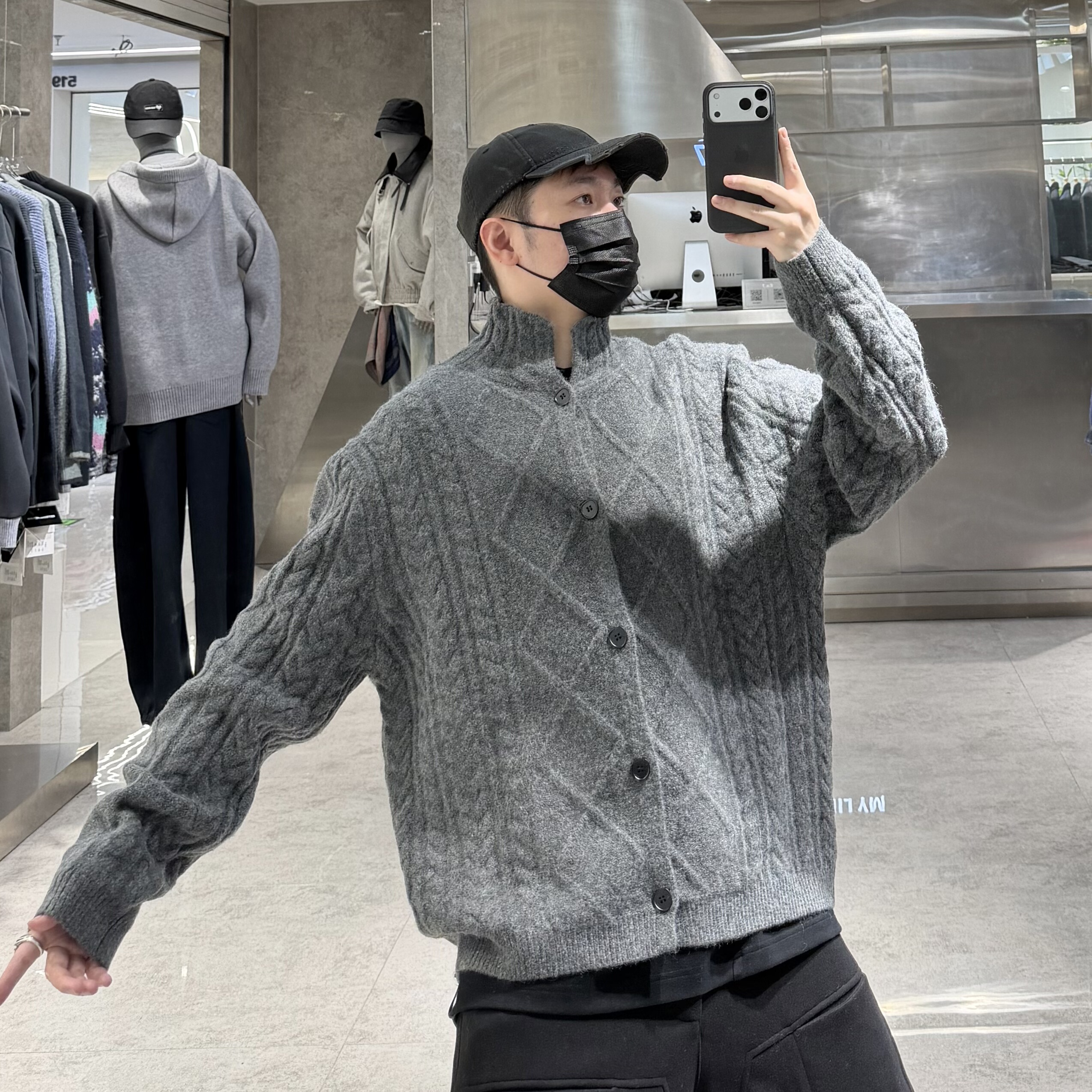 潮牌冬季立领开衫毛衣男韩版纯色菱形格提花宽松青年保暖羊毛外套