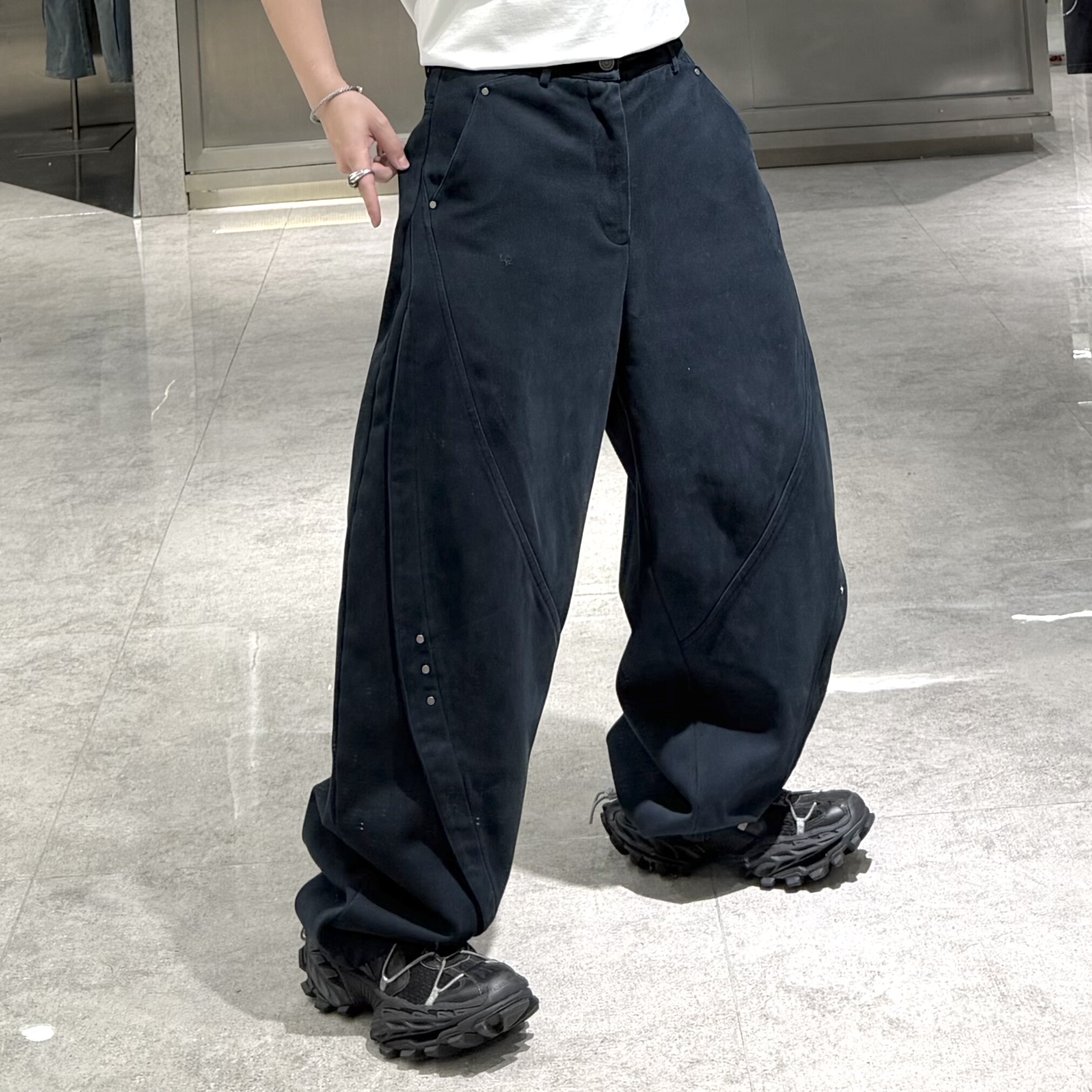 潮牌秋冬重磅直筒休闲裤男美式水洗结构加厚宽松青年阔腿弯刀裤潮