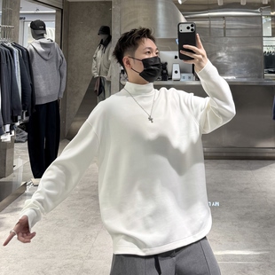 男韩版 纯色下摆弧形宽松青年保暖内搭 加绒半高领打底衫 潮牌冬季