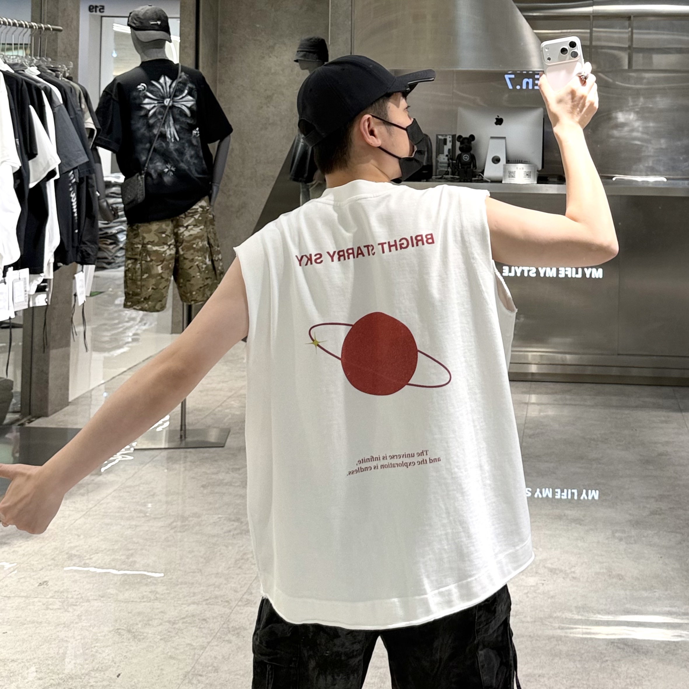 潮牌夏季重磅背心男ins美式满天星地球印花宽松青年坎肩无袖背心t