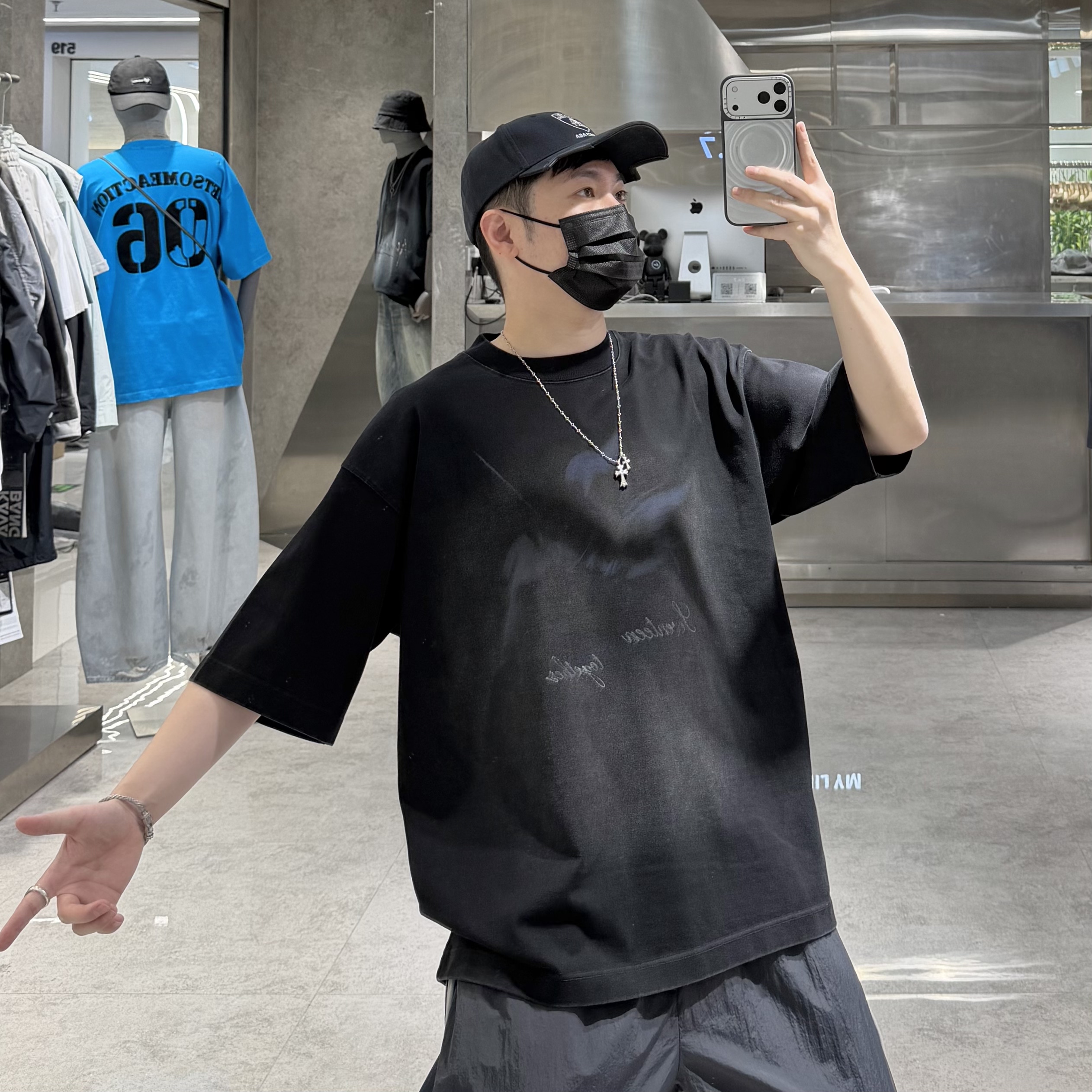 潮牌夏季重磅短袖T恤男ins美式复古做旧印花宽松青年帅气半袖潮T