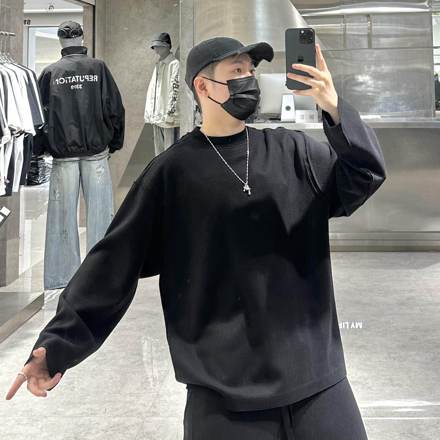 日言潮牌秋冬重磅长袖T恤男暗黑系结构拼接宽松青年帅气内搭卫衣t