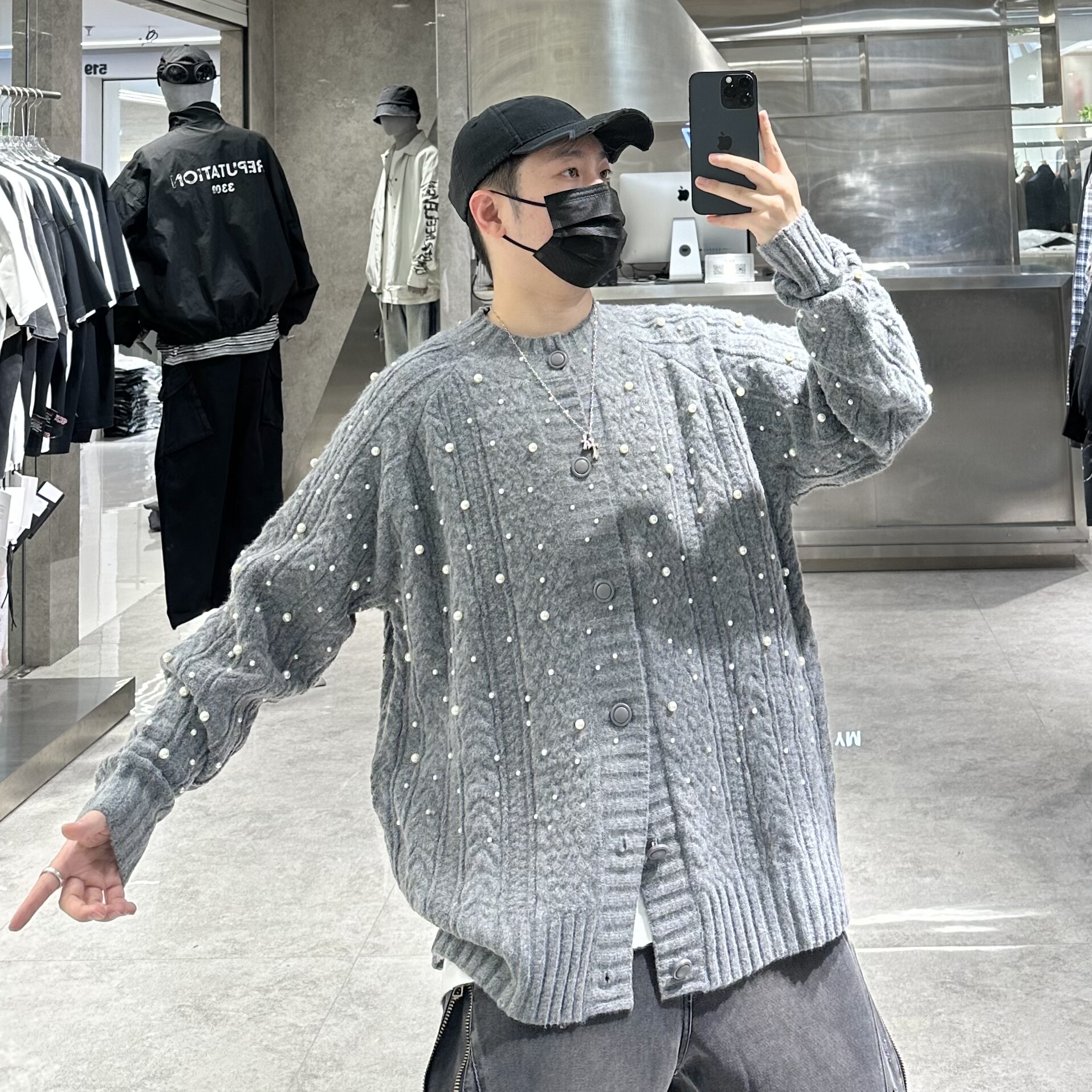 潮牌秋冬针织毛衣开衫男ins国潮珍珠刺绣宽松青年情侣针织外套潮