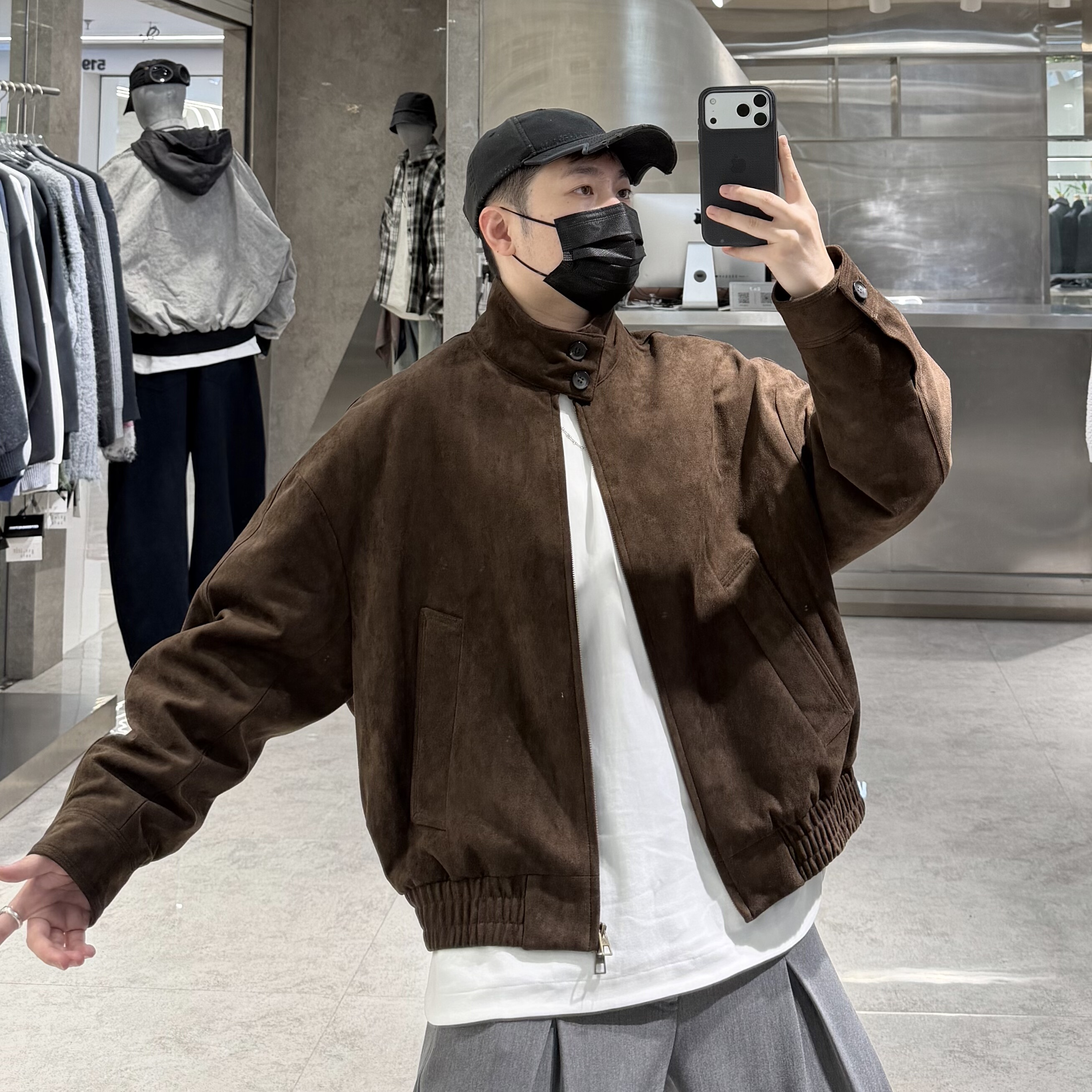 潮牌冬季立领羽绒服男复古鹿皮绒高级感宽松青年帅气短款羽绒夹克