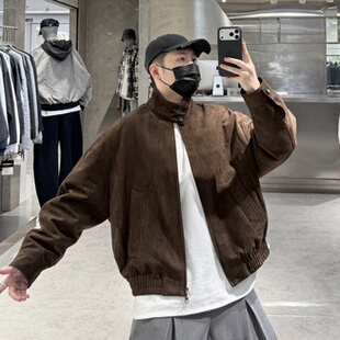 潮牌冬季立领羽绒服男复古鹿皮绒高级感宽松青年帅气短款羽绒夹克