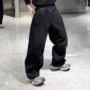 潮牌冬季加绒直筒牛仔裤男美式黑色结构涂层宽松青年保暖阔腿裤潮
