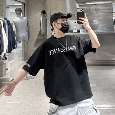 潮牌26春夏重磅短袖T恤男美式巴黎做旧字母刺绣结构宽松青年半袖T