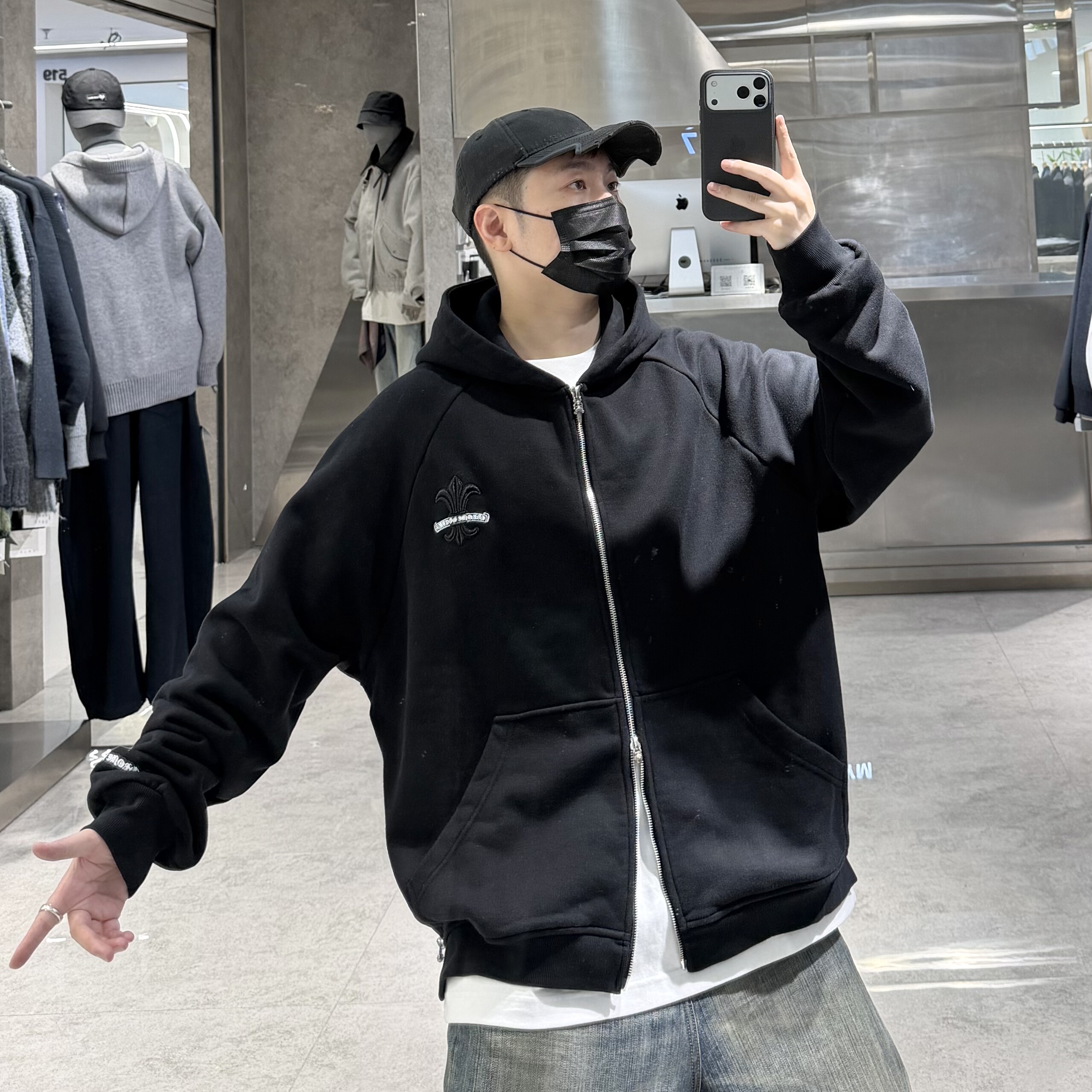 潮牌秋冬重磅连帽卫衣外套男韩版十字架刺绣拉链设计宽松青年帽衫