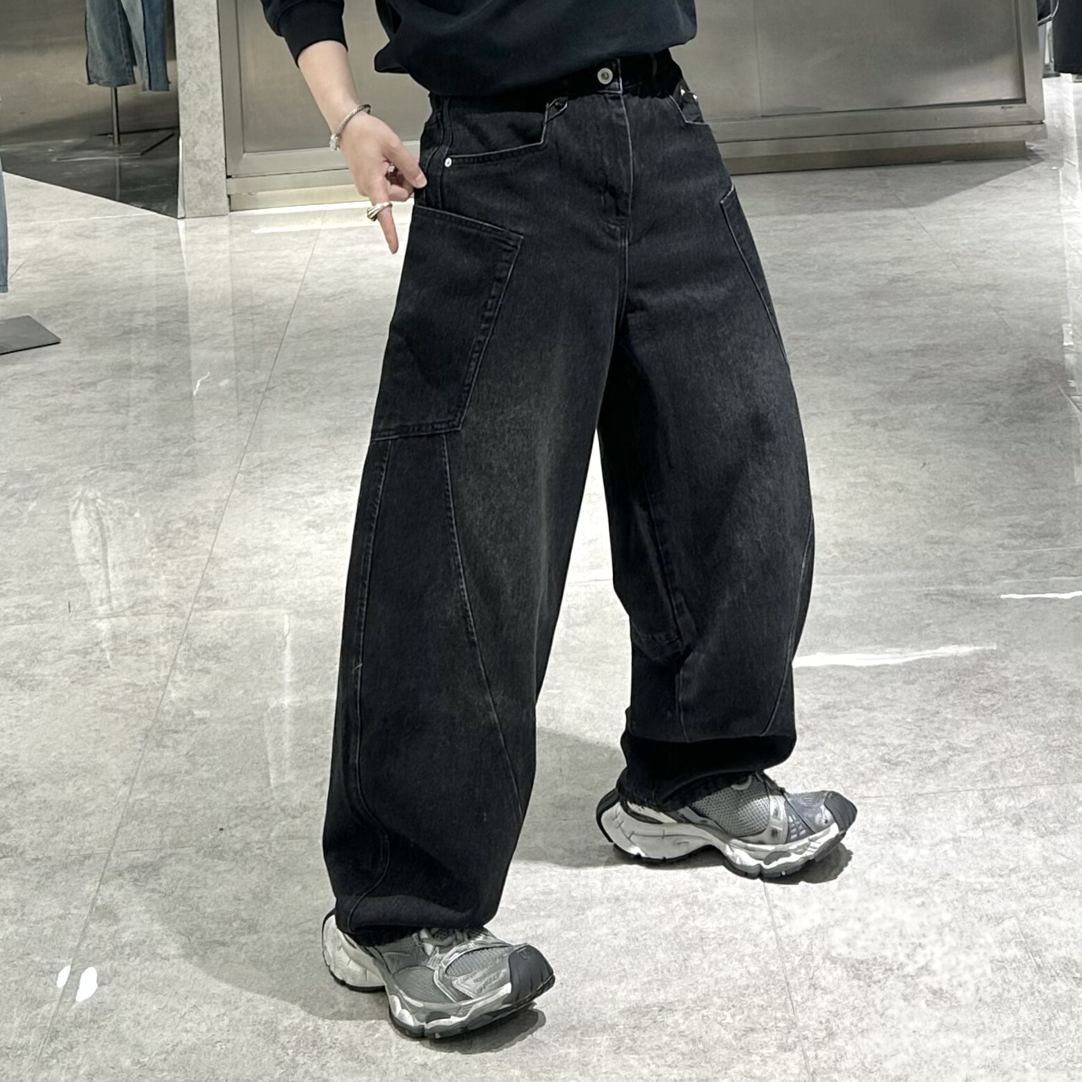 潮牌秋冬直筒牛仔裤男美式水洗结构拼接宽松青年帅气阔腿弯刀裤潮