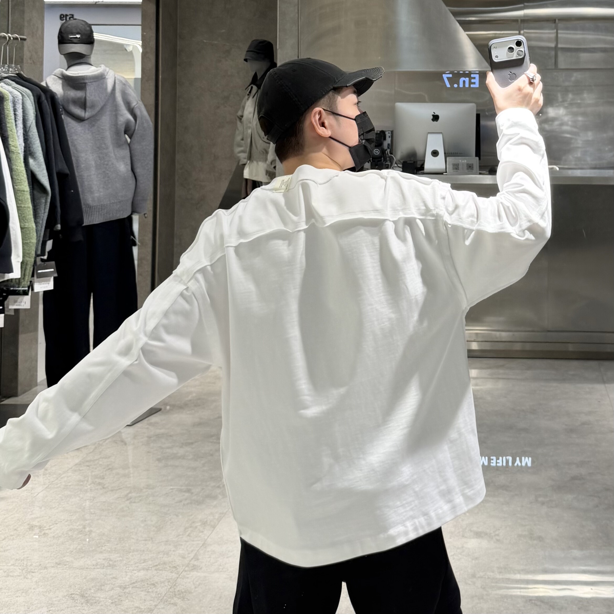 潮牌秋冬重磅磨毛长袖T恤男韩版纯色结构拼接宽松青年帅气卫衣t潮