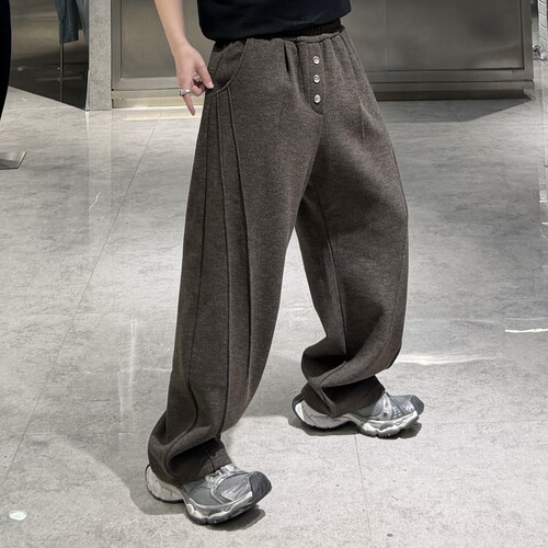 潮牌冬季加绒直筒休闲裤男韩版结构拼接扣子宽松青年保暖阔腿裤潮