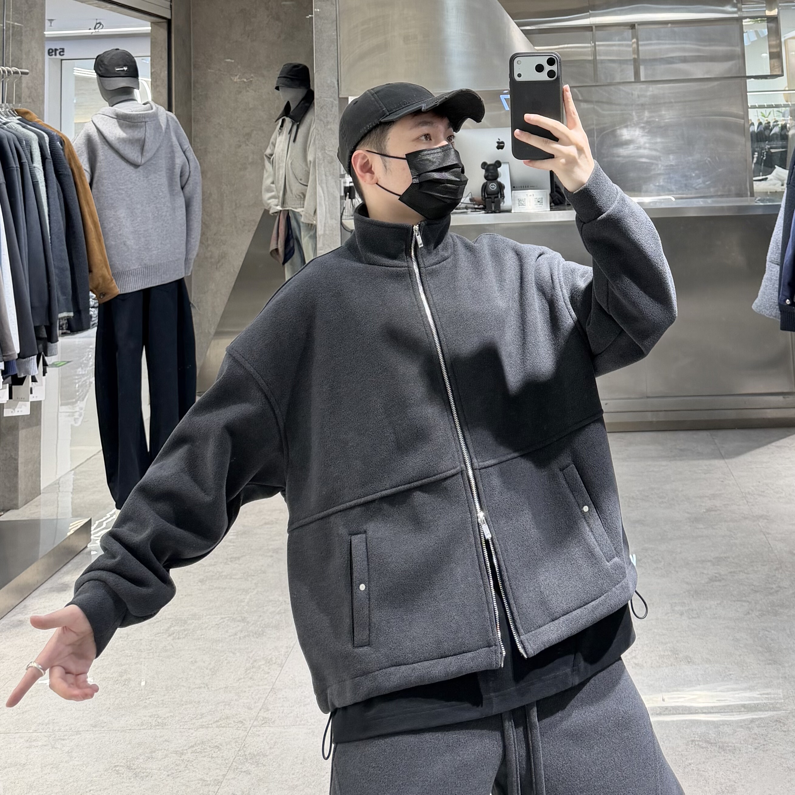 潮牌冬季加绒立领套装男ins韩版纯色结构宽松青年保暖卫衣卫裤潮