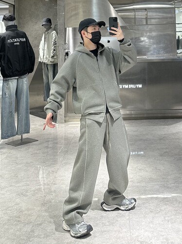 潮牌秋季连帽运动套装男韩版简约结构拼接宽松青年帽衫外套阔腿裤