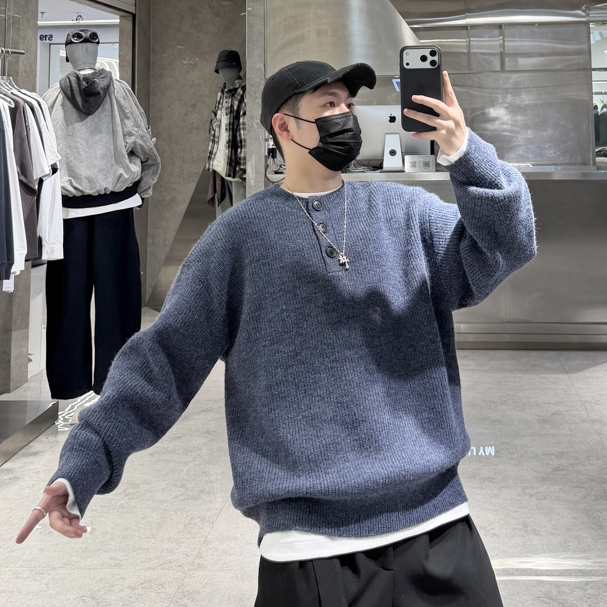 潮牌冬季亨利领毛衣男韩版复古纯色慵懒风宽松青年百搭保暖针织衫