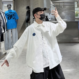 潮 简约字母刺绣宽松青年帅气百搭衬衫 潮牌春季 衬衣外套男ins韩版
