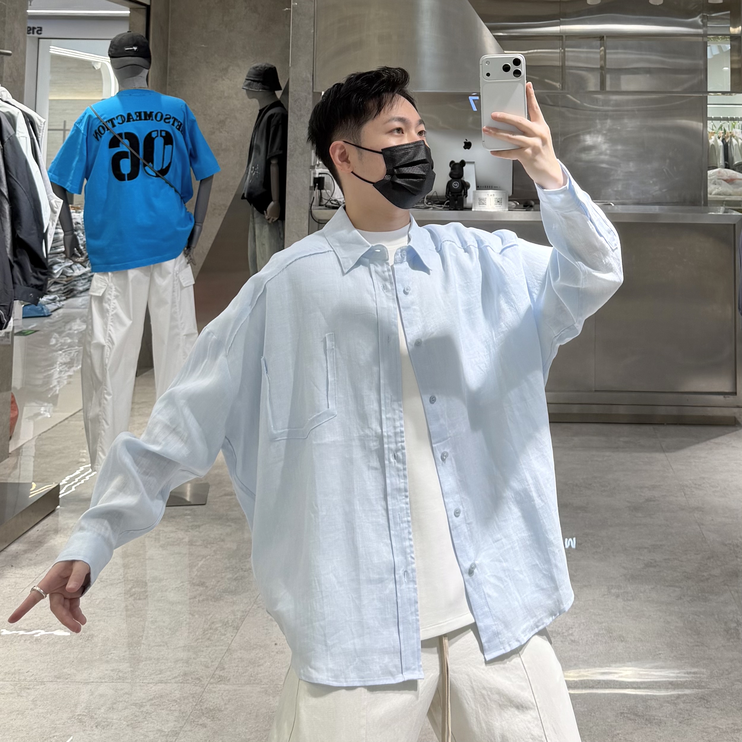 潮牌春夏亚麻衬衣外套男ins韩版纯色结构宽松青年帅气老钱风衬衫