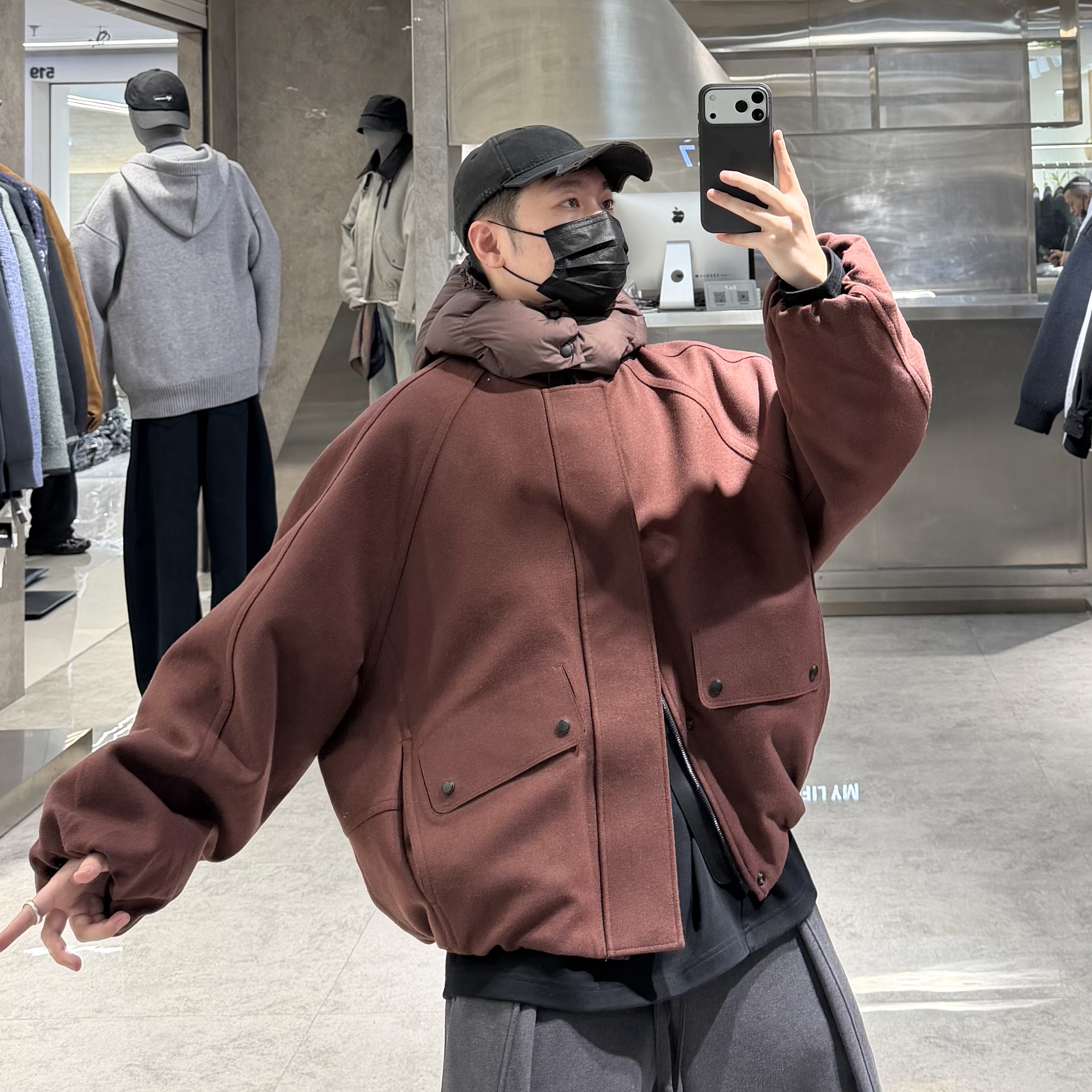 潮牌冬季毛呢连帽羽绒服男韩版纯色羊毛混纺拼接宽松青年保暖帽衫