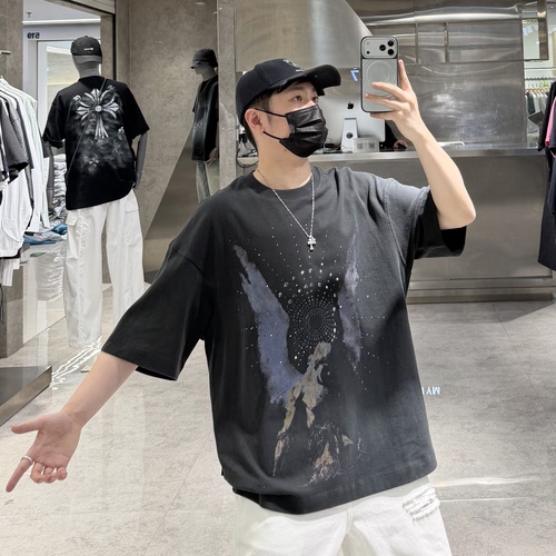 潮牌夏季短袖T恤男ins美式复古嘻哈印花烫钻宽松青年帅气半袖潮T