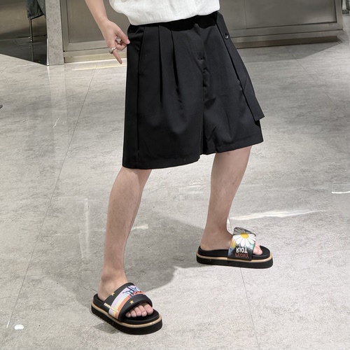 潮牌夏季直筒短裤男ins韩版纯色结构拼接飘带挂件宽松青年五分裤