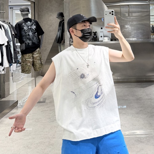 潮牌夏季重磅无袖背心男美式个性满天星太空宽松青年帅气坎肩背心