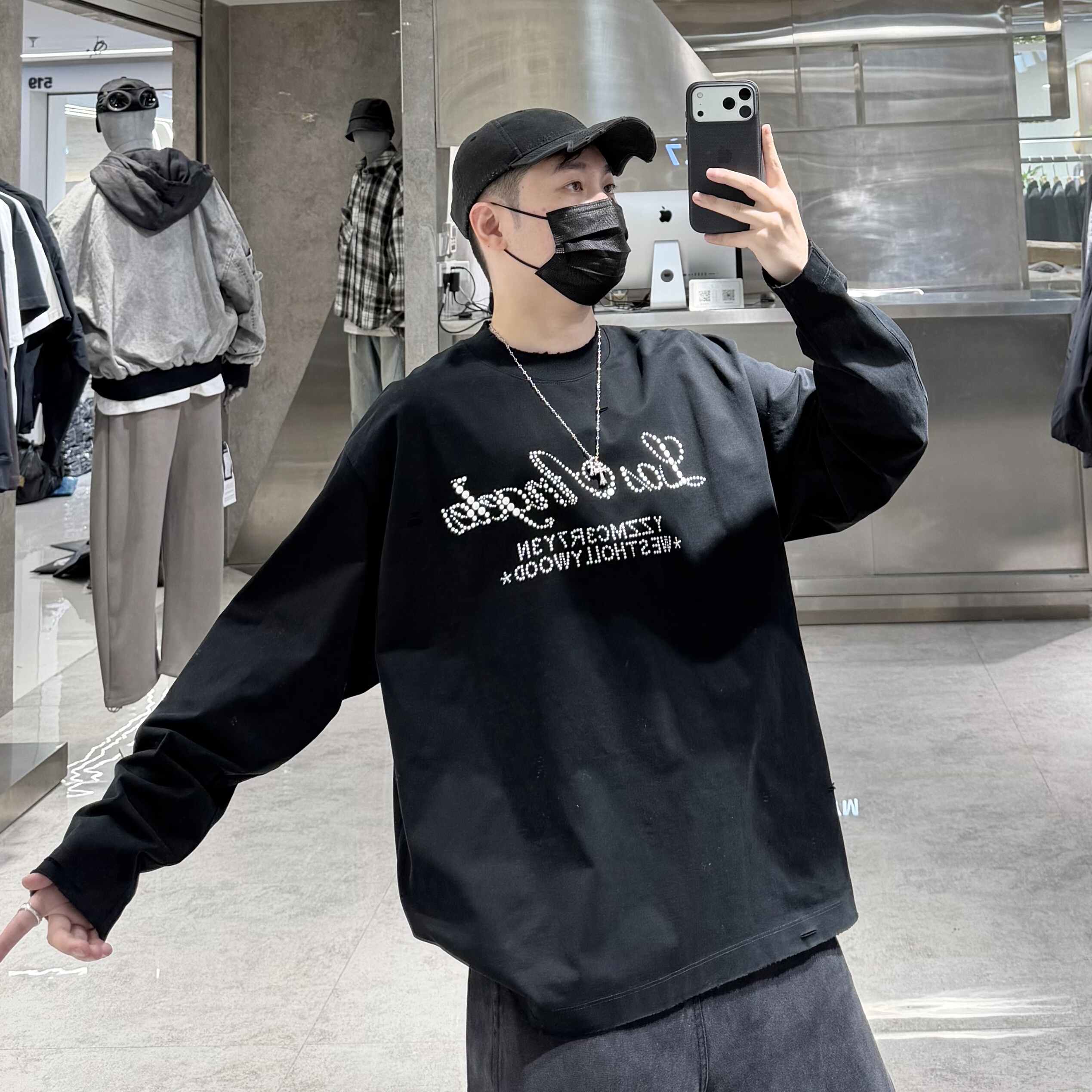 潮牌秋季重磅长袖T恤男ins国潮珍珠烫钻宽破洞宽松青年帅气卫衣t