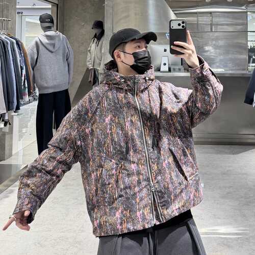 潮牌冬季连帽羽绒服男ins国潮复古油墨涂鸦做旧宽松青年保暖帽衫