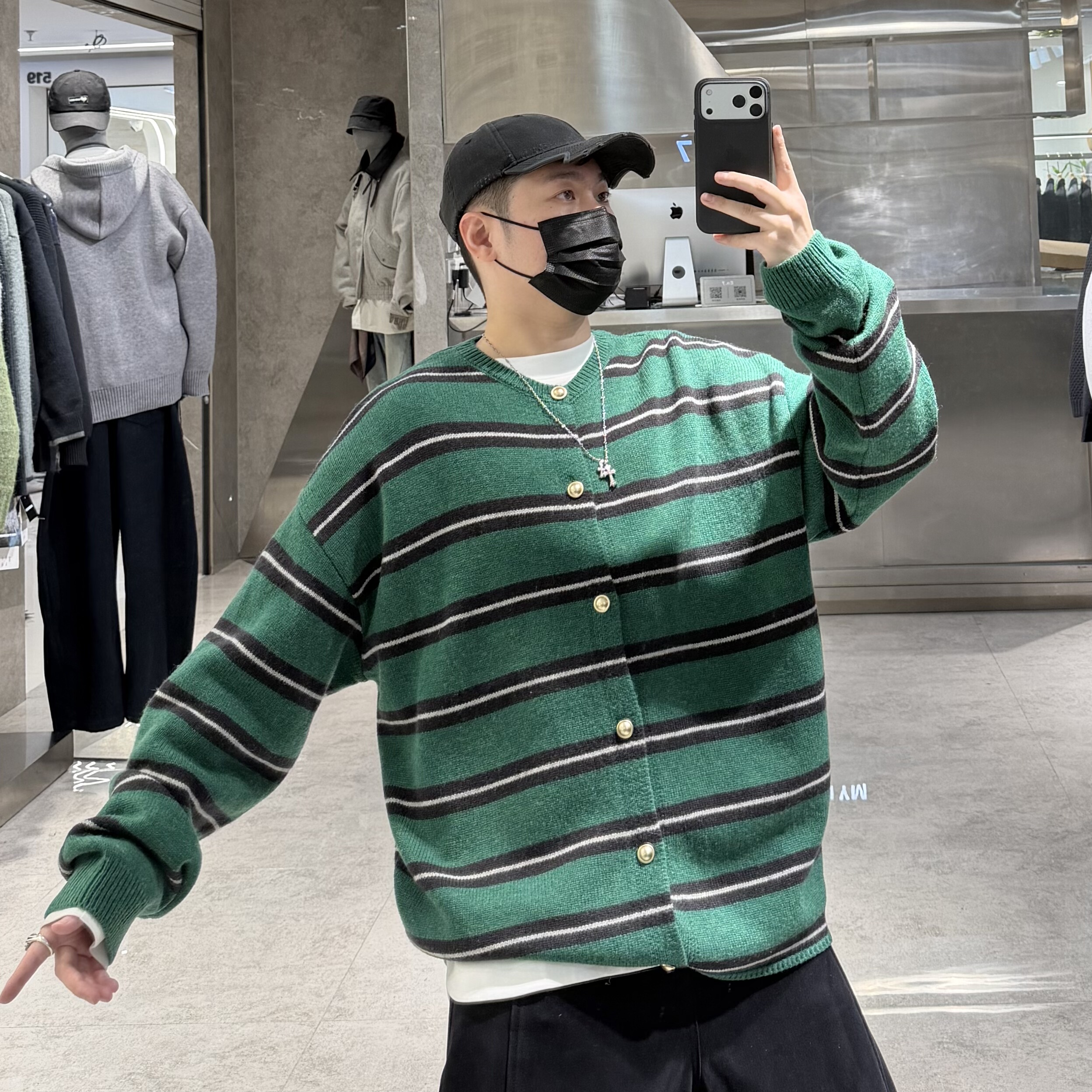 潮牌秋冬羊毛开衫外套男韩版复古条纹撞色宽松青年保暖情侣针织衫