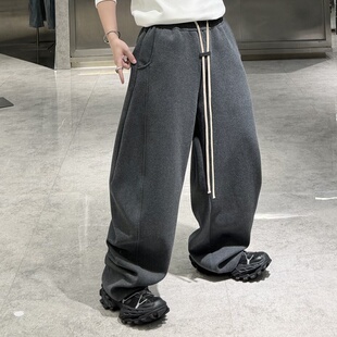 纯色结构宽松青年保暖垂感弯刀阔腿裤 男韩版 加绒直筒卫裤 潮牌冬季
