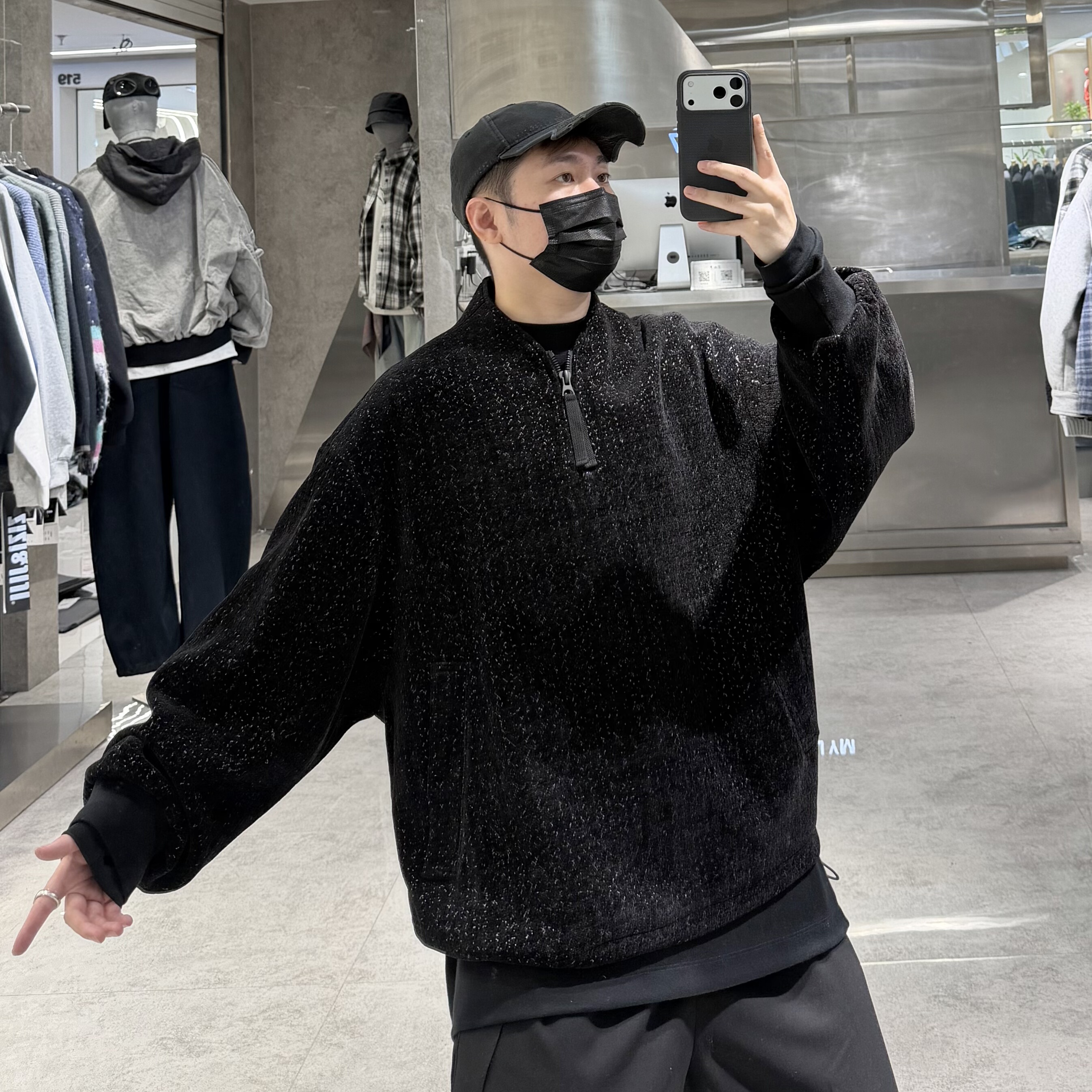 日言潮牌秋冬重磅卫衣男韩版暗黑系半拉链宽松帅气保暖高级感上衣