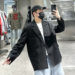 潮牌春季 纯色毛边设计宽松青年痞帅西服潮 休闲西装 外套男ins韩版
