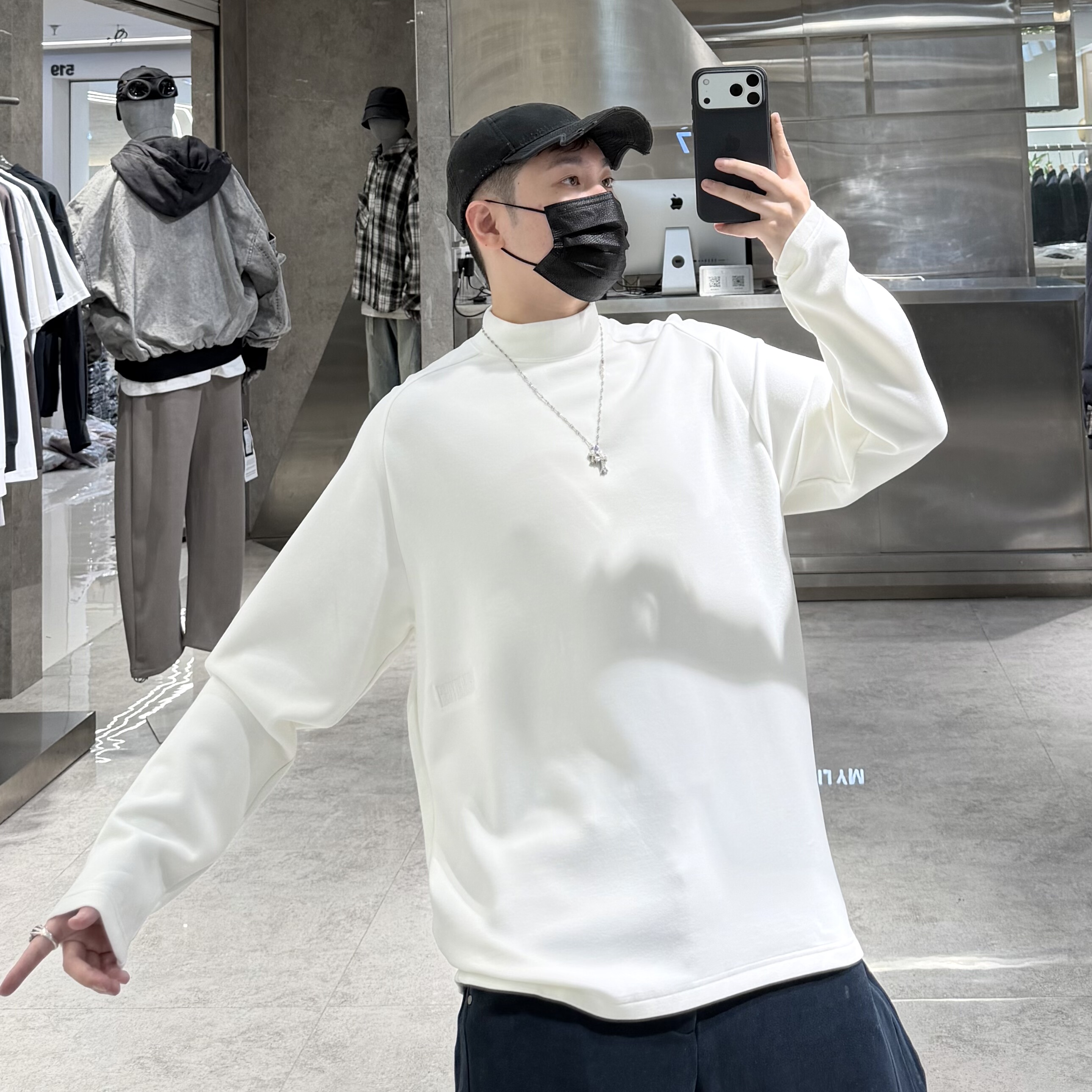 潮牌秋冬半高领长袖T恤男ins韩版纯色刺绣宽松青年保暖内搭打底衫