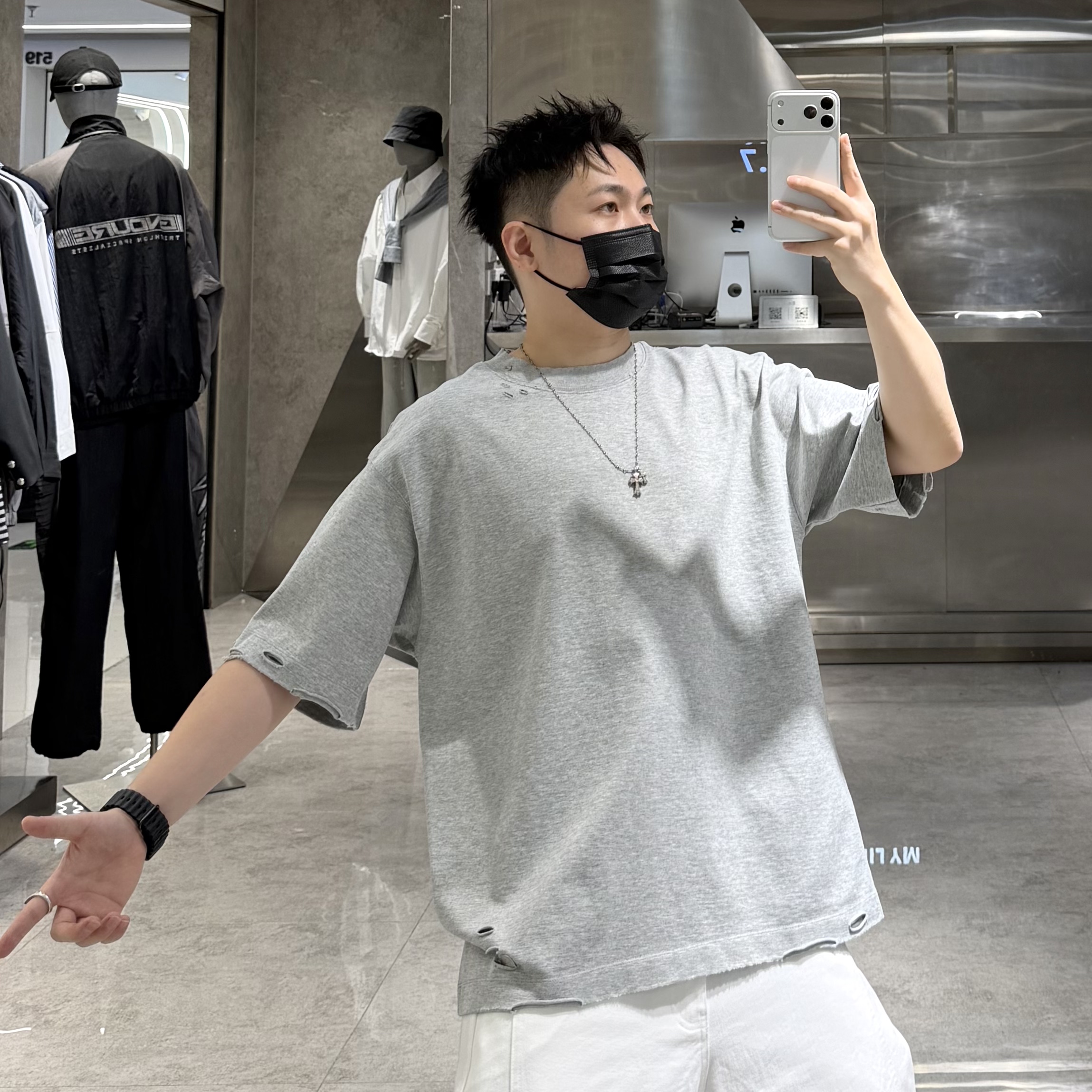 潮牌初秋重磅350g短袖T恤男ins韩版纯色结构拼接破洞宽松青年内搭