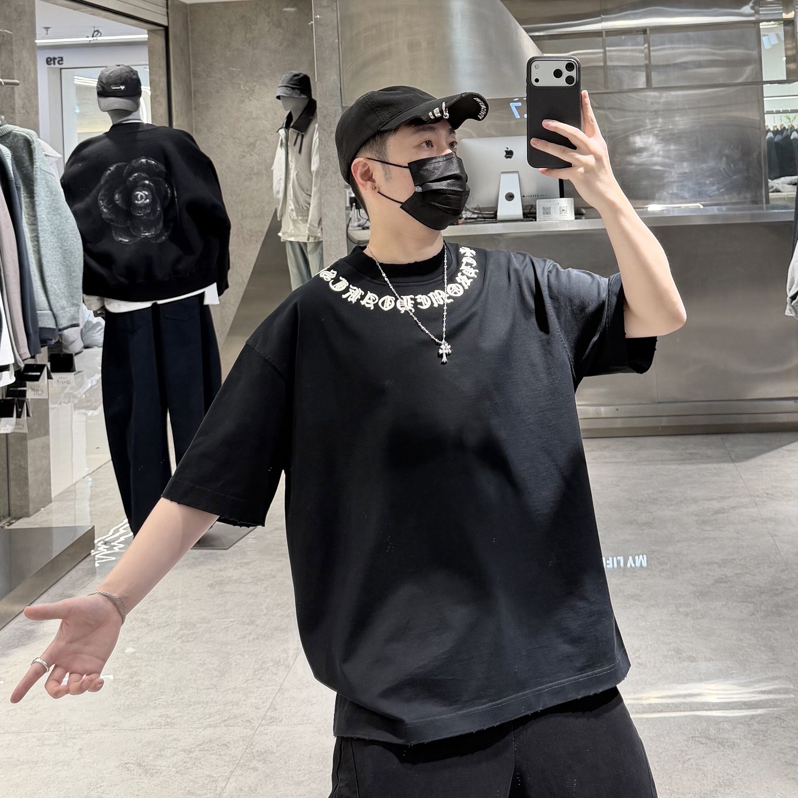 潮牌26春夏重磅短袖T恤男ins美式领口字母刺绣宽松青年痞帅半袖t