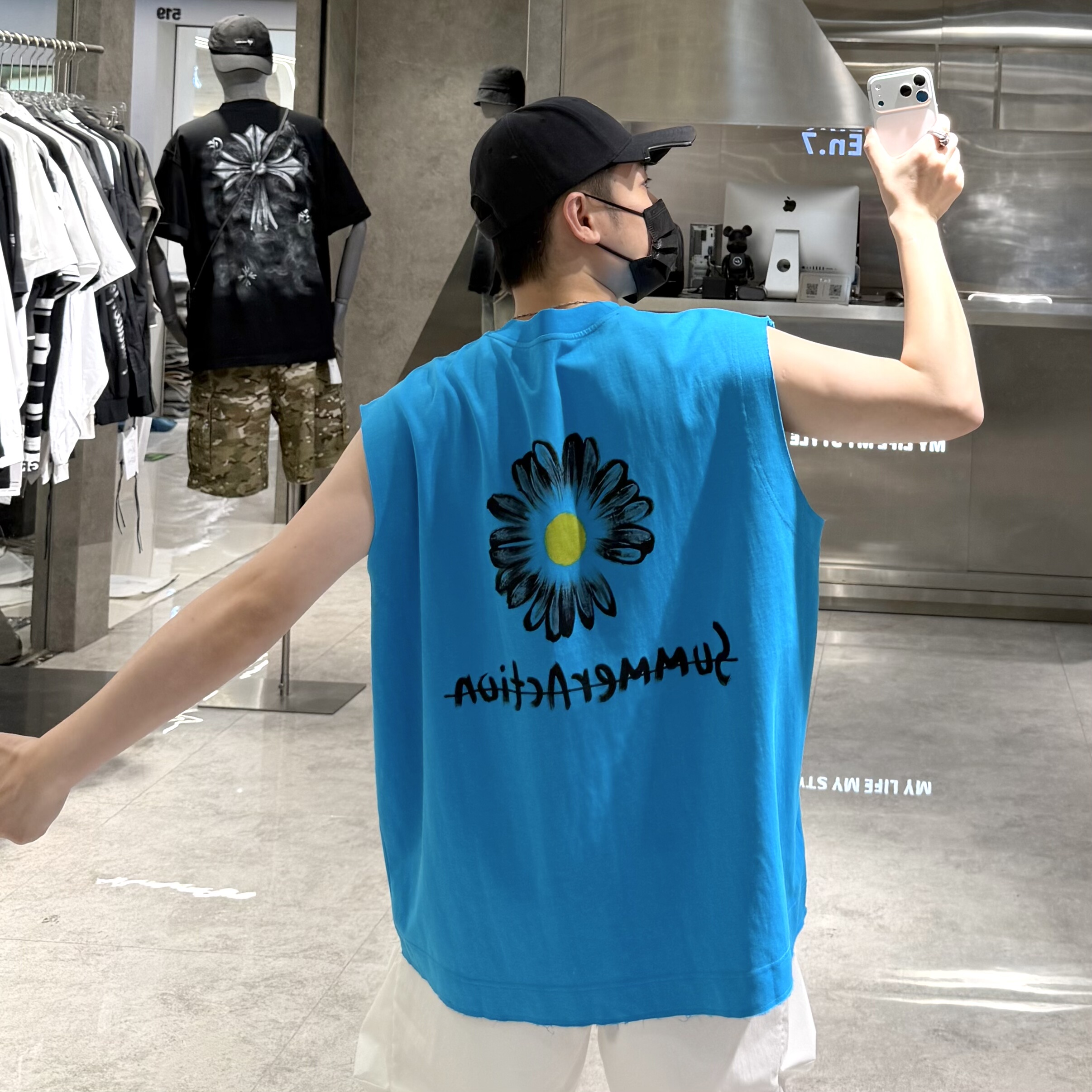 潮牌夏季重磅背心男ins国潮雏菊字母印花宽松青年帅气坎肩无袖T潮