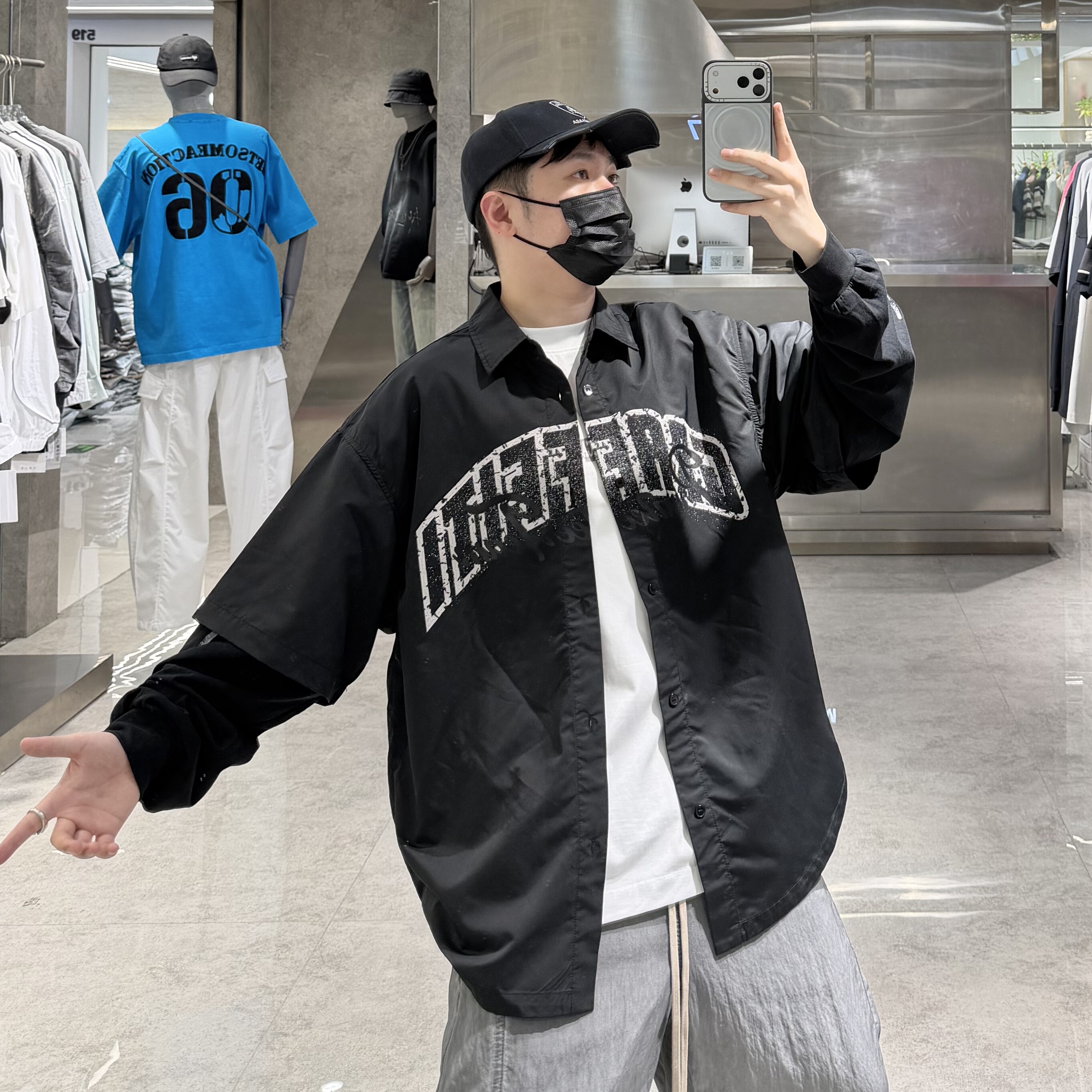 潮牌春季假两件衬衣外套男ins美式巴黎做旧字母印花宽松青年衬衫